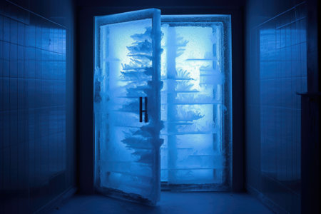 ice-covered cryotherapy chamber door in dim light, created with generative aiの素材