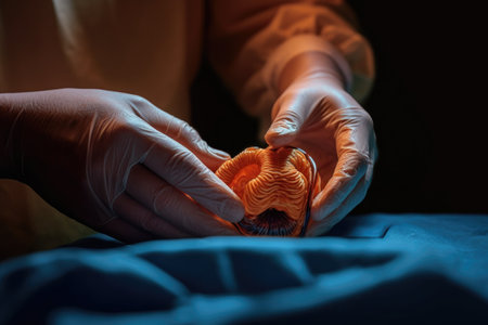 focus on a surgeons hands performing fundoplication, created with generative aiの素材