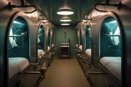 inside view of a hyperbaric chamber with soft lighting, created with generative aiの素材
