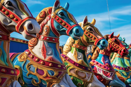 colorful row of carousel horses against blue sky, created with generative aiの素材