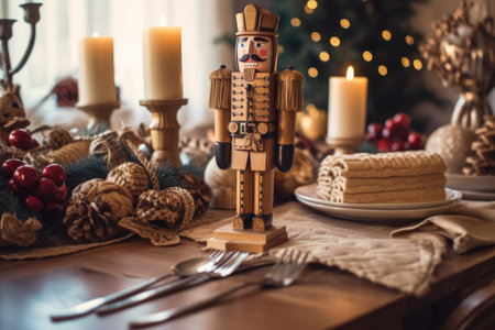handmade wooden nutcracker on a festive table, created with generative aiの素材