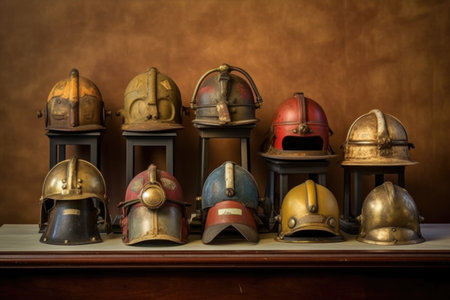 collection of various historic firefighter helmets, created with generative aiの素材