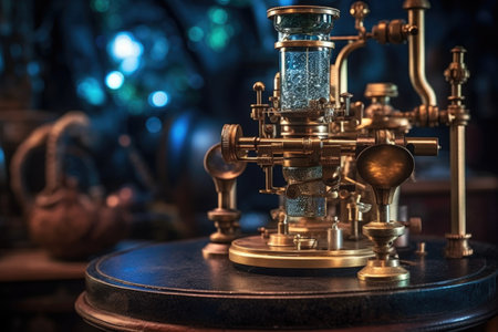 close-up of vintage microscope lens and stage, created with generative aiの素材