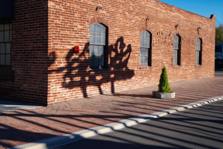 shadow of route 66 sign cast onto a brick wall, created with generative aiの素材