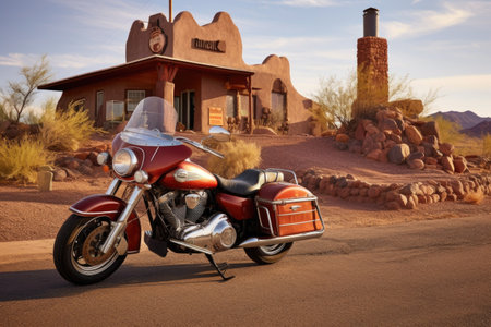 route 66 sign with classic motorcycle parked nearby, created with generative aiの素材