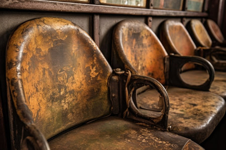 close-up of worn leather train seats with brass details, created with generative aiの素材