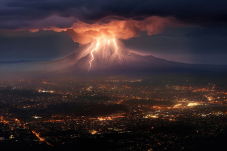 lightning illuminating ash plume from a volcano, created with generative aiの素材