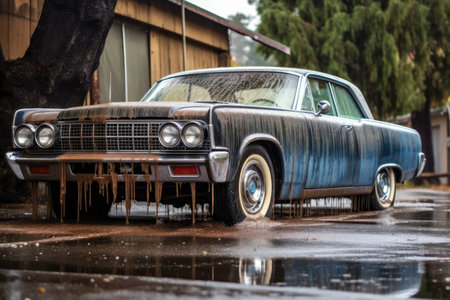 wet tire and wheel of an old car being washed, created with generative aiの素材