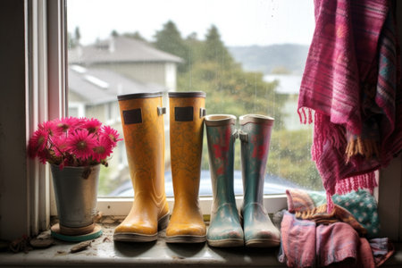 rain boots on a rainy windowsill, created with generative aiの素材