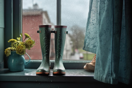 rain boots on a rainy windowsill with droplets, created with generative aiの素材