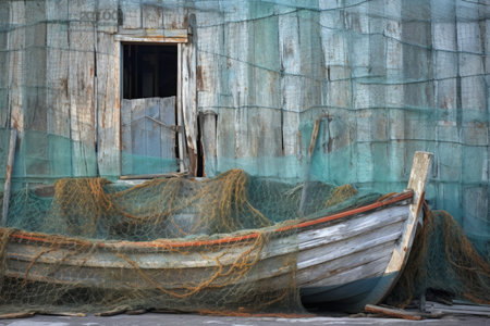 weathered nets against old fishing boat hull background, created with generative aiの素材