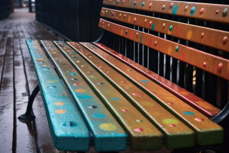 raindrops falling on newly painted bench surface, created with generative aiの素材