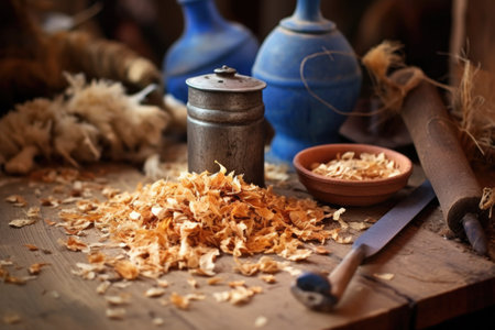 close-up of wood shavings and whittling knife on workbench, created with generative aiの素材