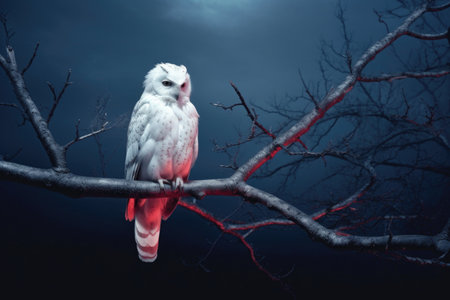 albino owl perched silently on a moonlit night, created with generative aiの素材