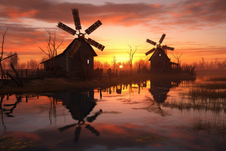 windmill farm at sunset during maintenance period, created with generative aiの素材