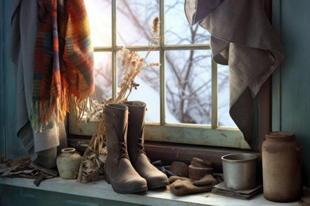 a pair of winter boots and a scarf on a frosty window sill, created with generative aiの素材