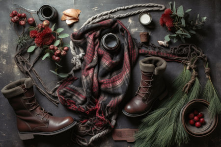creative flat lay of winter boots and scarves with festive decorations, created with generative aiの素材