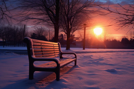 snow-covered park bench facing the rising sun, created with generative aiの素材