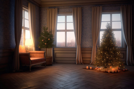 lighted christmas tree in a cozy, empty living room, created with generative aiの素材