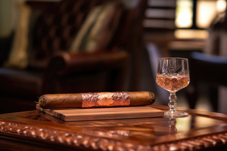 close-up of a luxury cigar on a wooden table, created with generative aiの素材