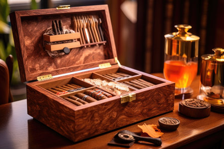 cigars in a traditional wooden humidor, created with generative aiの素材