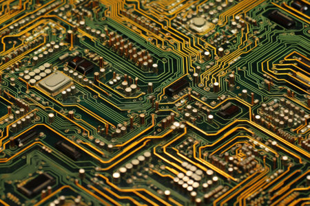 close-up of intricate circuit board patterns and connections, created with generative aiの素材
