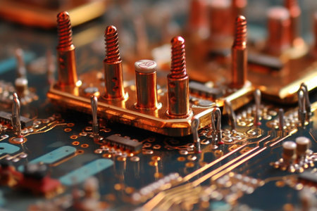 close-up of soldered connections on a circuit board, created with generative aiの素材