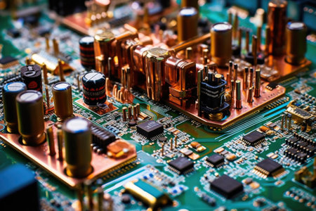 circuit board with electronic components and capacitors, created with generative aiの素材