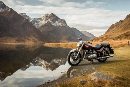 classic motorbike parked in a scenic landscape, created with generative aiの素材