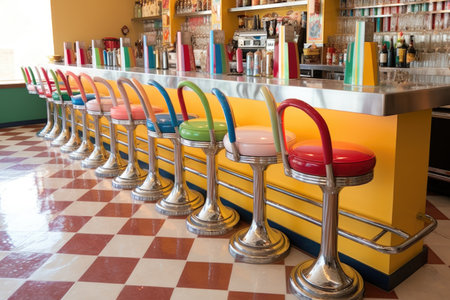 retro soda fountain counter with colorful bar stools, created with generative aiの素材