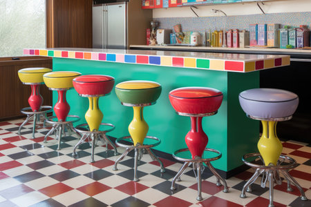 retro soda fountain counter with colorful stools, created with generative aiの素材