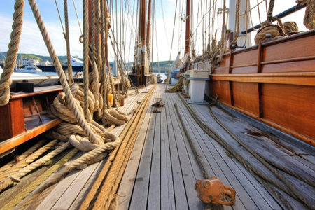 wooden sailboat deck with ropes, pulleys, and rigging, created with generative aiの素材