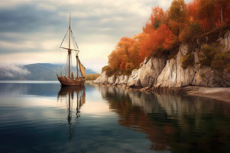 wooden sailboat anchored near picturesque coastline, created with generative aiの素材
