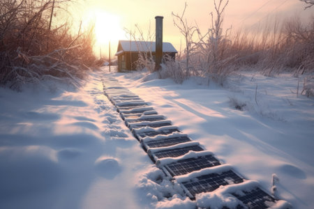 footprints in snow leading to solar panels for clearing, created with generative aiの素材