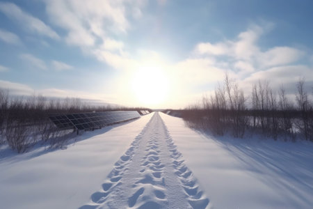 snowy solar farm before clearing process, created with generative aiの素材