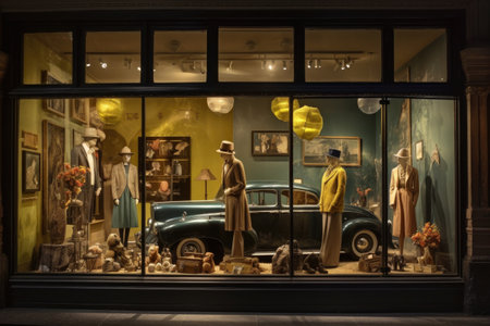 vintage-inspired window display with mannequins in timeless fashion, created with generative aiの素材