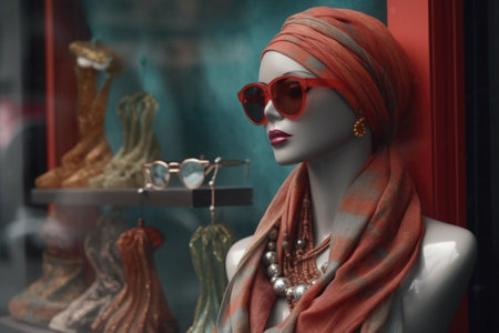 close-up of stylish accessories on mannequins in a store window, created with generative aiの素材