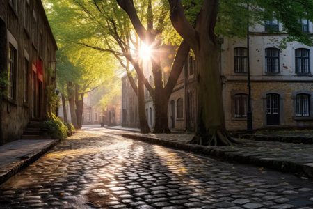 sun rays breaking through trees onto cobblestones, created with generative aiの素材