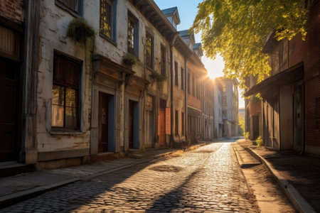 sunlight peeking through old buildings onto cobblestone street, created with generative aiの素材