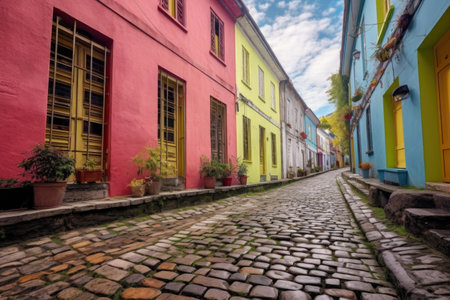cobblestone street with colorful doors and shutters, created with generative aiの素材