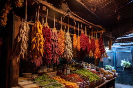 spice stall with hanging dried herbs and peppers, created with generative aiの素材