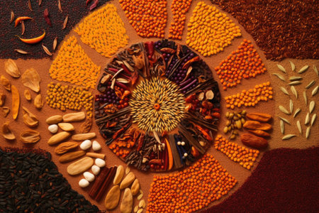 top view of a spice mosaic creating art, created with generative aiの素材