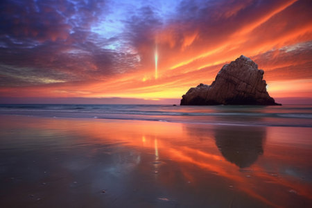 comets reflection on ocean waves during a serene sunset, created with generative aiの素材