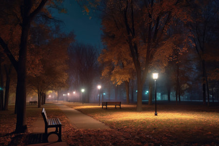 led streetlights illuminating a park at night, created with generative aiの素材
