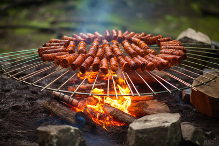 chorizo sausages on skewers being roasted over campfire, created with generative aiの素材