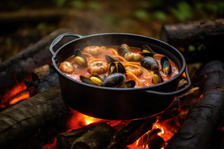 cooking cioppino in a cast iron pot over campfire, created with generative aiの素材
