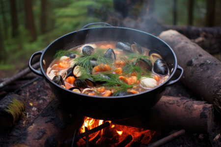 ladling campfire cioppino into a bowl with steam, created with generative aiの素材