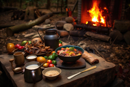 campfire cioppino with rustic table setting nearby, created with generative aiの素材