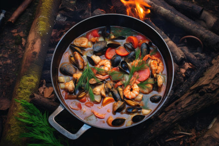 overhead view of cioppino preparation on a campfire, created with generative aiの素材