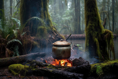 gumbo pot on campfire with forest backdrop, created with generative aiの素材